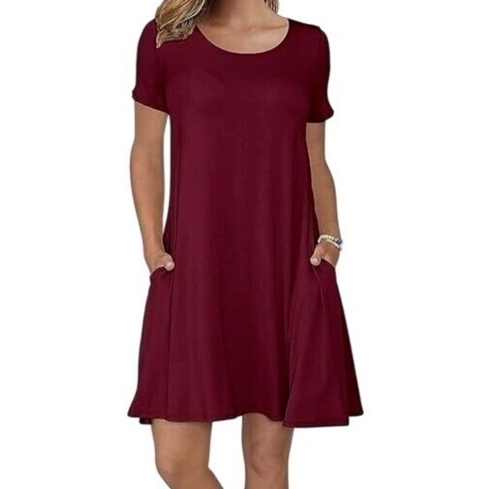AUSELILY Women's Long Sleeve Pockets Casual Swing T-Shirt Red wine Dress Size S